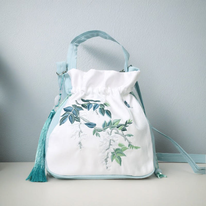 Buddha Stones Haftowane Kwiaty Glicynia Lilia Bawełna Len Torba Crossbody Torba Na Ramię Torebka