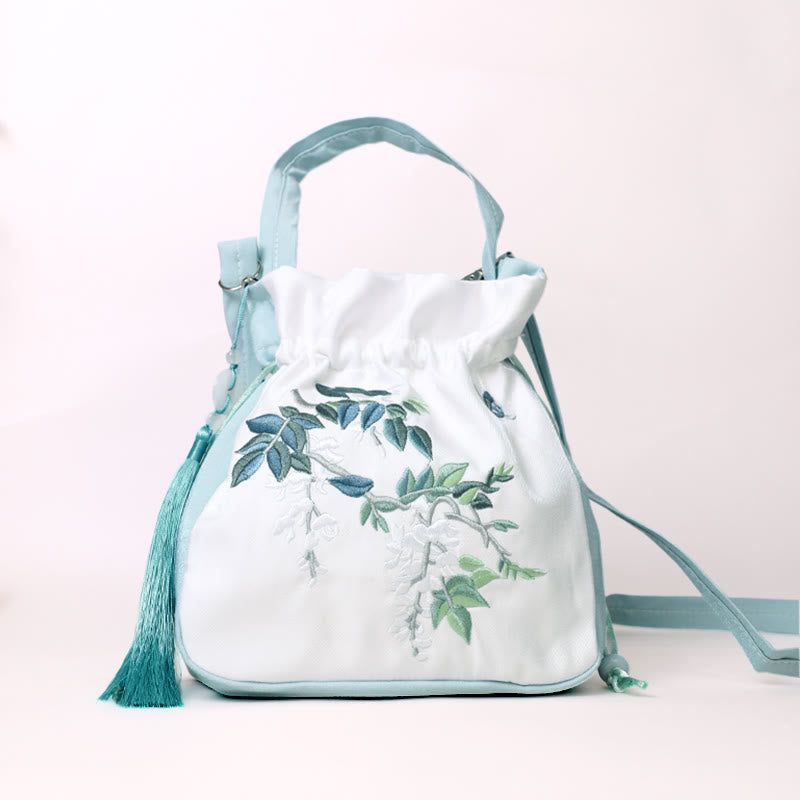 Buddha Stones Haftowane Kwiaty Glicynia Lilia Bawełna Len Torba Crossbody Torba Na Ramię Torebka