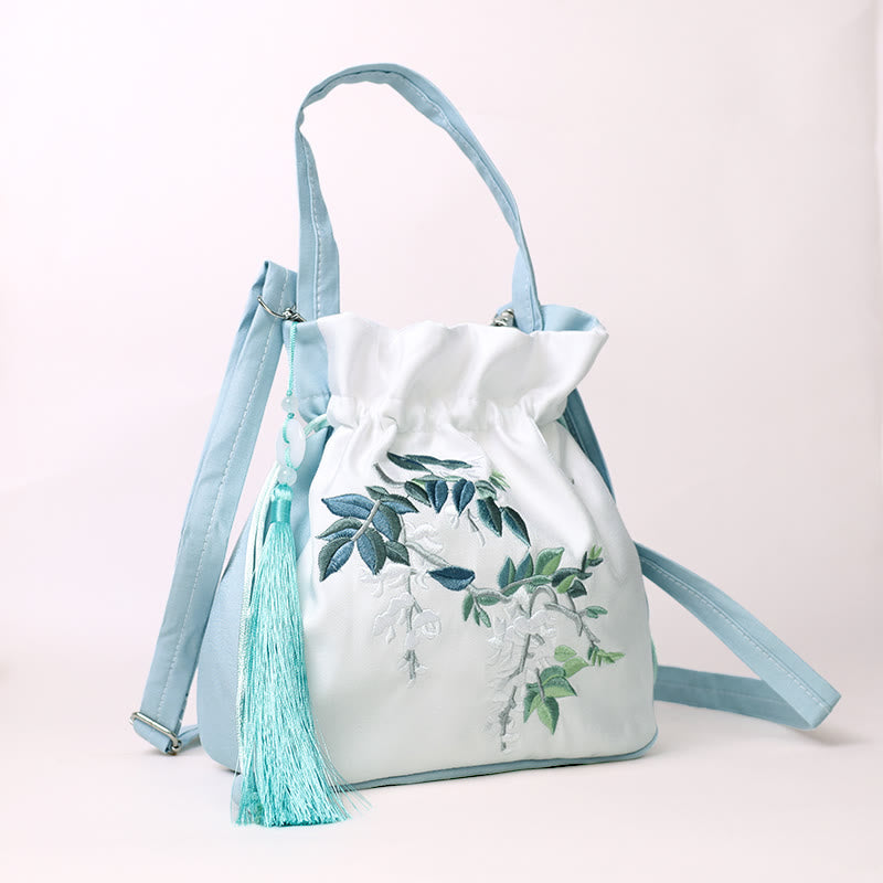 Buddha Stones Haftowane Kwiaty Glicynia Lilia Bawełna Len Torba Crossbody Torba Na Ramię Torebka