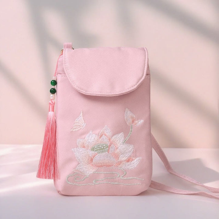 Buddha Stones Małe Haftowane Kwiaty Torba Crossbody Torba Na Ramię Dwuwarstwowa Torba Na Telefon Komórkowy