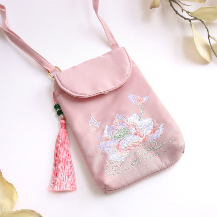 Buddha Stones Małe Haftowane Kwiaty Torba Crossbody Torba Na Ramię Dwuwarstwowa Torba Na Telefon Komórkowy