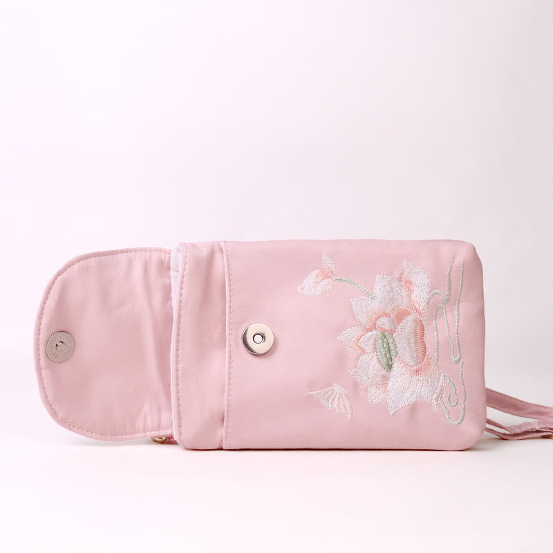 Buddha Stones Małe Haftowane Kwiaty Torba Crossbody Torba Na Ramię Dwuwarstwowa Torba Na Telefon Komórkowy