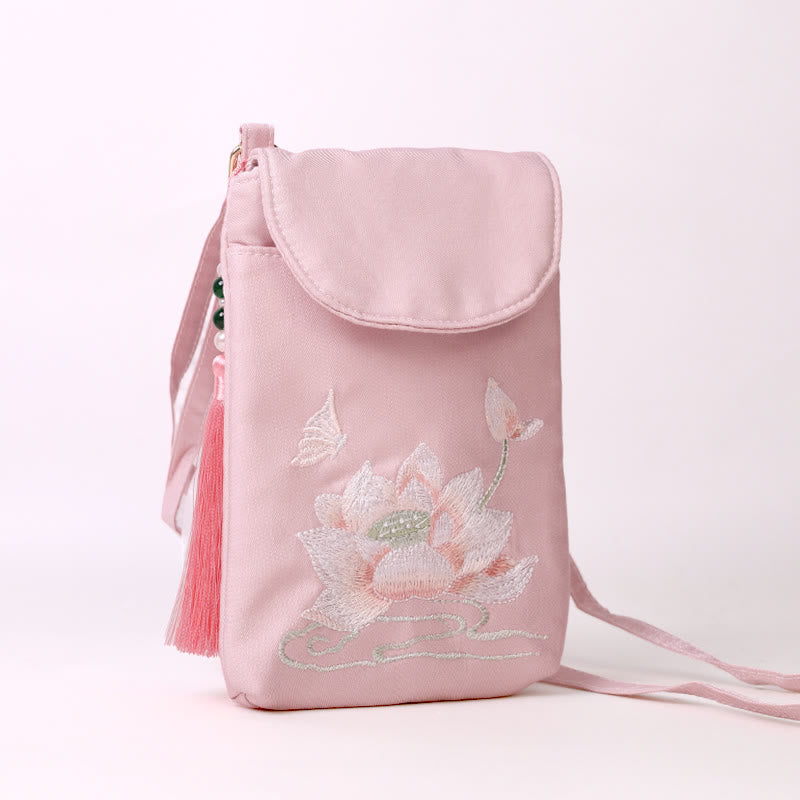 Buddha Stones Małe Haftowane Kwiaty Torba Crossbody Torba Na Ramię Dwuwarstwowa Torba Na Telefon Komórkowy