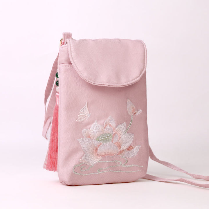 Buddha Stones Małe Haftowane Kwiaty Torba Crossbody Torba Na Ramię Dwuwarstwowa Torba Na Telefon Komórkowy