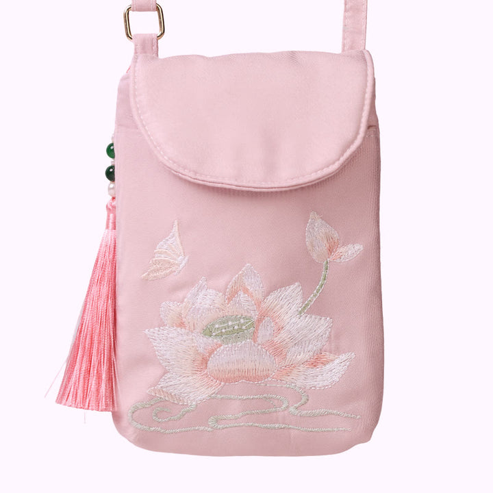Buddha Stones Małe Haftowane Kwiaty Torba Crossbody Torba Na Ramię Dwuwarstwowa Torba Na Telefon Komórkowy