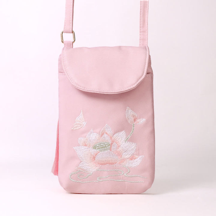 Buddha Stones Małe Haftowane Kwiaty Torba Crossbody Torba Na Ramię Dwuwarstwowa Torba Na Telefon Komórkowy
