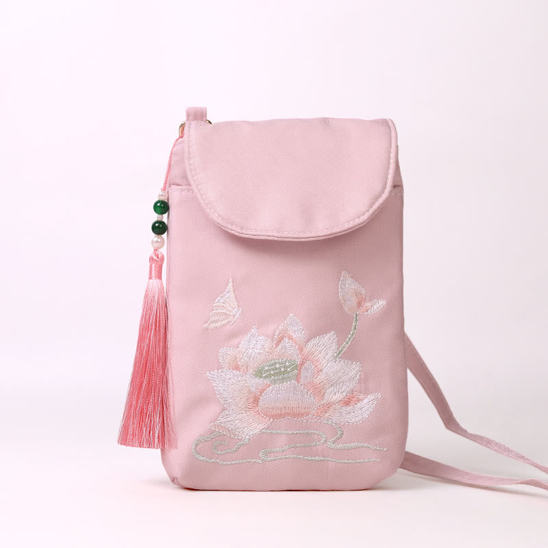 Buddha Stones Małe Haftowane Kwiaty Torba Crossbody Torba Na Ramię Dwuwarstwowa Torba Na Telefon Komórkowy