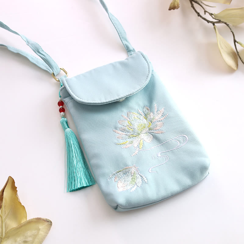 Buddha Stones Małe Haftowane Kwiaty Torba Crossbody Torba Na Ramię Dwuwarstwowa Torba Na Telefon Komórkowy