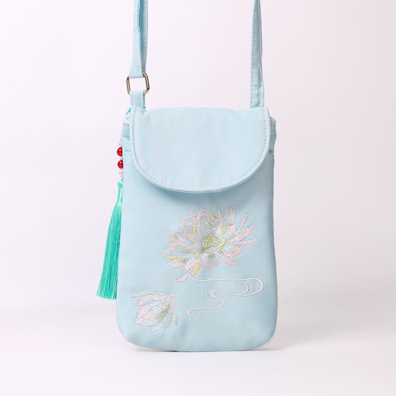 Buddha Stones Małe Haftowane Kwiaty Torba Crossbody Torba Na Ramię Dwuwarstwowa Torba Na Telefon Komórkowy