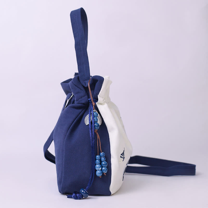 Buddha Stones haftowany motyl lotos magnolia bawełna len torba typu crossbody torba na ramię torebka