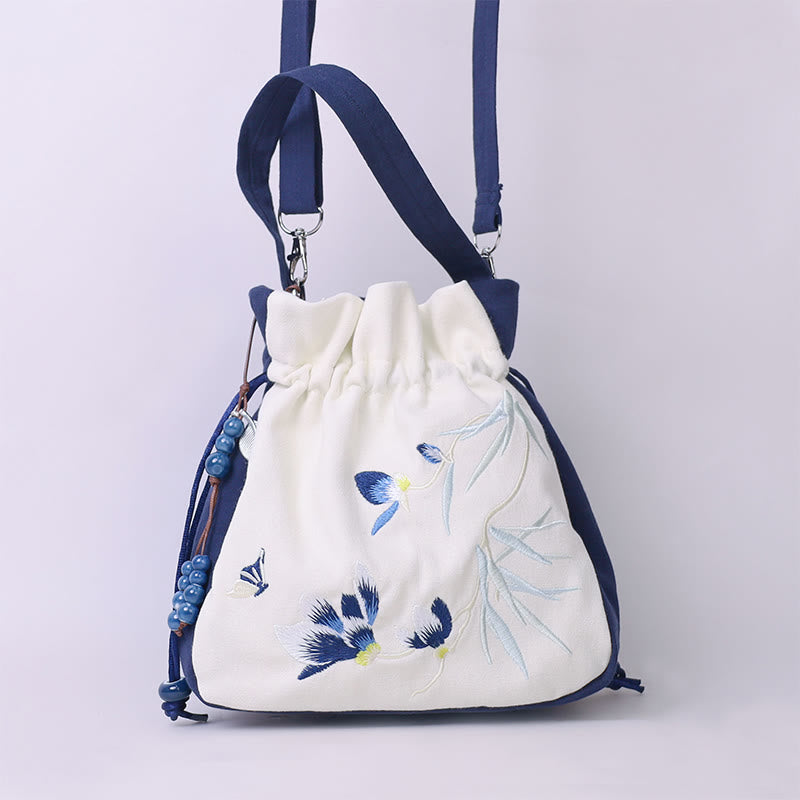 Buddha Stones haftowany motyl lotos magnolia bawełna len torba typu crossbody torba na ramię torebka