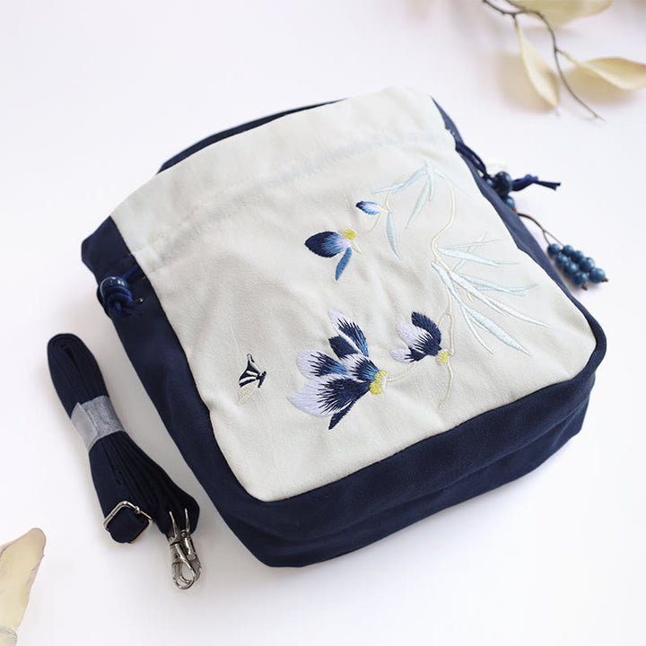 Buddha Stones haftowany motyl lotos magnolia bawełna len torba typu crossbody torba na ramię torebka