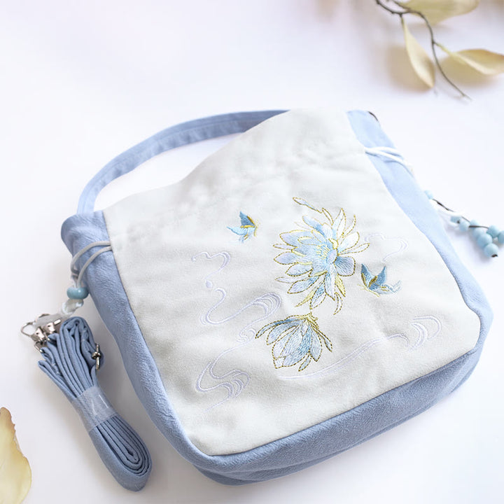 Buddha Stones haftowany motyl lotos magnolia bawełna len torba typu crossbody torba na ramię torebka
