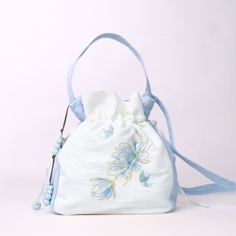 Buddha Stones haftowany motyl lotos magnolia bawełna len torba typu crossbody torba na ramię torebka