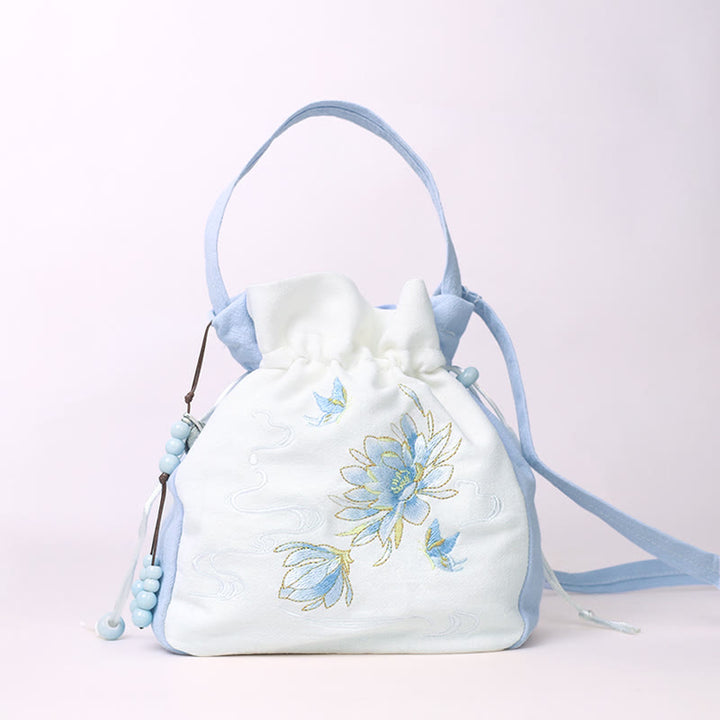 Buddha Stones haftowany motyl lotos magnolia bawełna len torba typu crossbody torba na ramię torebka