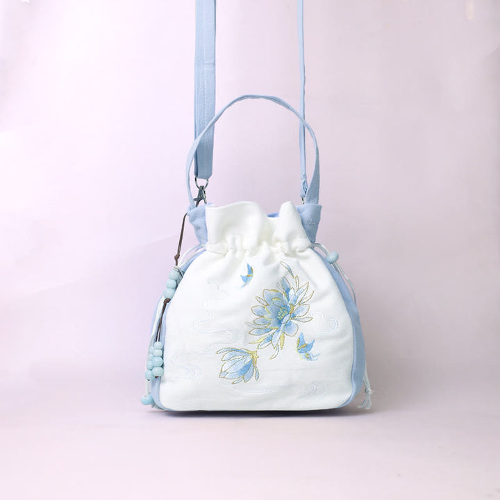 Buddha Stones haftowany motyl lotos magnolia bawełna len torba typu crossbody torba na ramię torebka