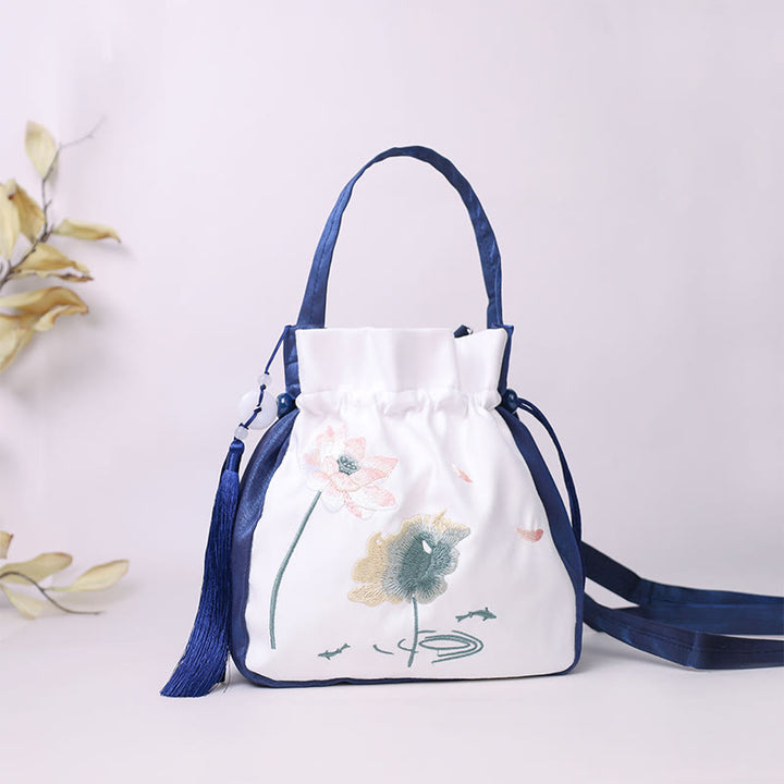 Buddha Stones haftowane lotos koi ryba żuraw kamelia bawełna len torba typu crossbody torba na ramię torebka