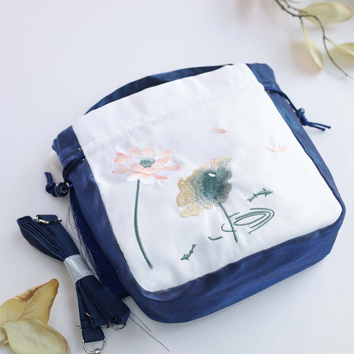 Buddha Stones haftowane lotos koi ryba żuraw kamelia bawełna len torba typu crossbody torba na ramię torebka