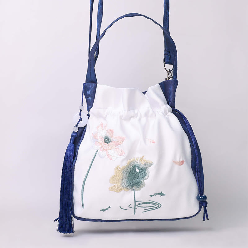 Buddha Stones haftowane lotos koi ryba żuraw kamelia bawełna len torba typu crossbody torba na ramię torebka