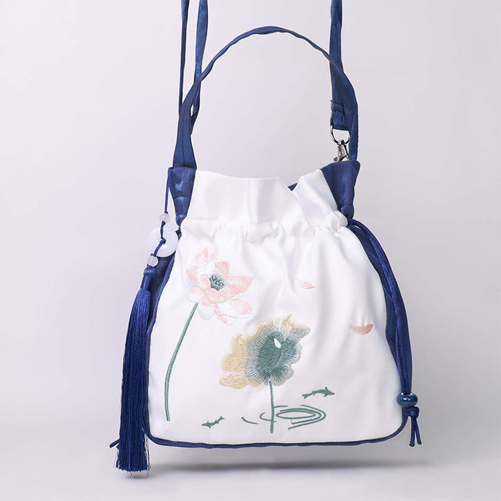 Buddha Stones haftowane lotos koi ryba żuraw kamelia bawełna len torba typu crossbody torba na ramię torebka