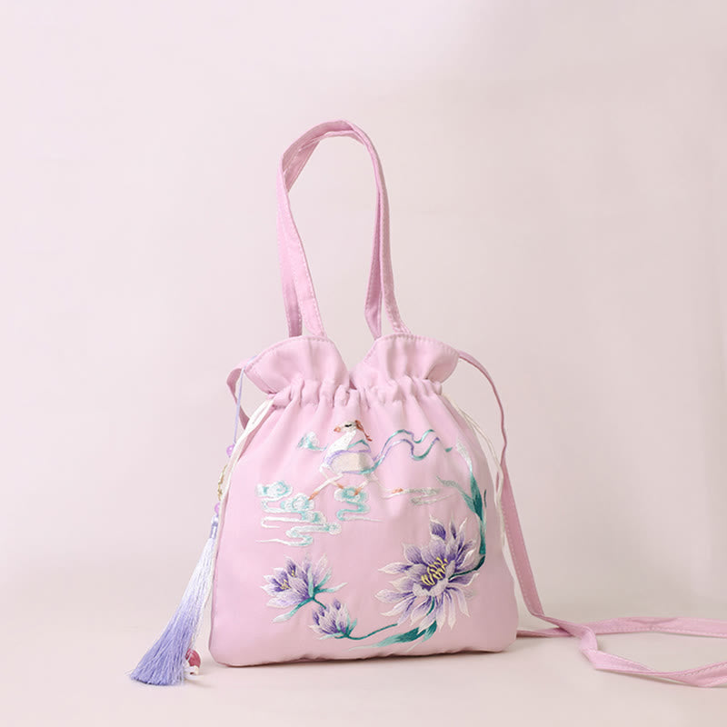 Buddha Stones Suzhou Haft Lotos Jeleń Epifyllum Piwonia Królik Bawełna Len Torba Crossbody Torba na ramię Torebka - Jasnofioletowy Lotos Wróżka Jeleń 21*22 cm - image 7
