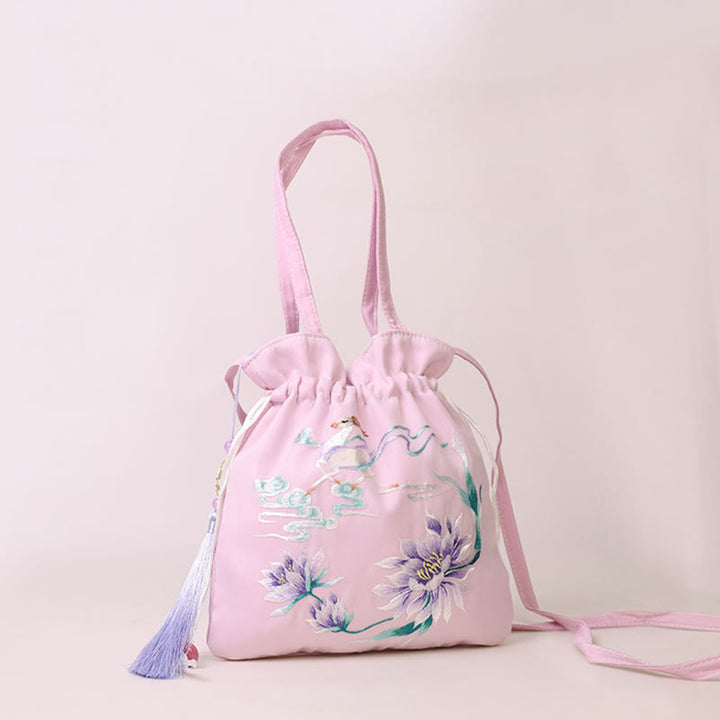 Buddha Stones Suzhou Haft Lotos Jeleń Epifyllum Piwonia Królik Bawełna Len Torba Crossbody Torba na ramię Torebka - Jasnofioletowy Lotos Wróżka Jeleń 21*22 cm - image 7