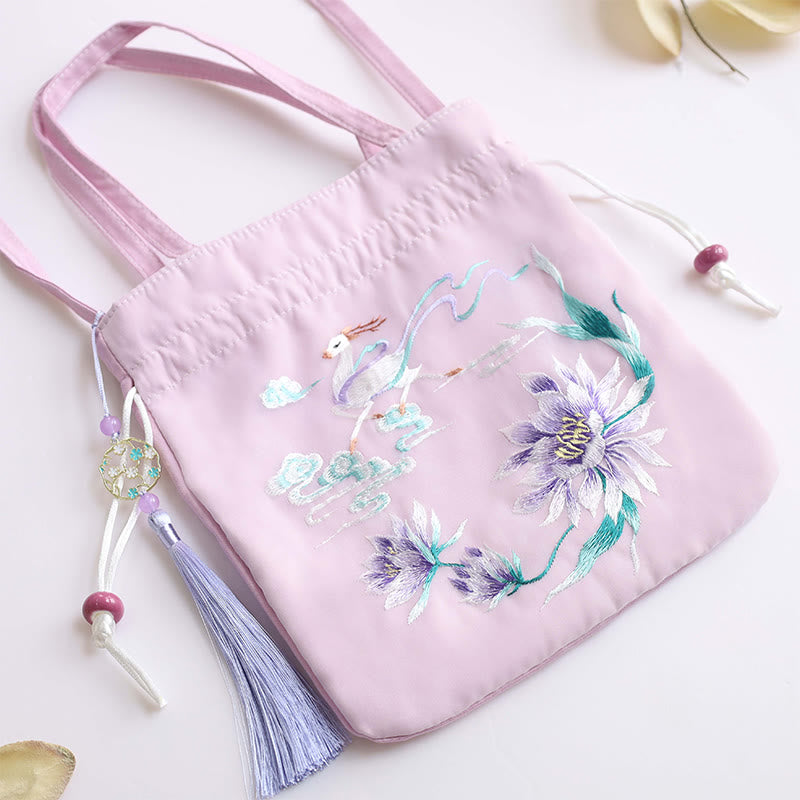 Buddha Stones Suzhou Haft Lotos Jeleń Epifyllum Piwonia Królik Bawełna Len Torba Crossbody Torba na ramię Torebka