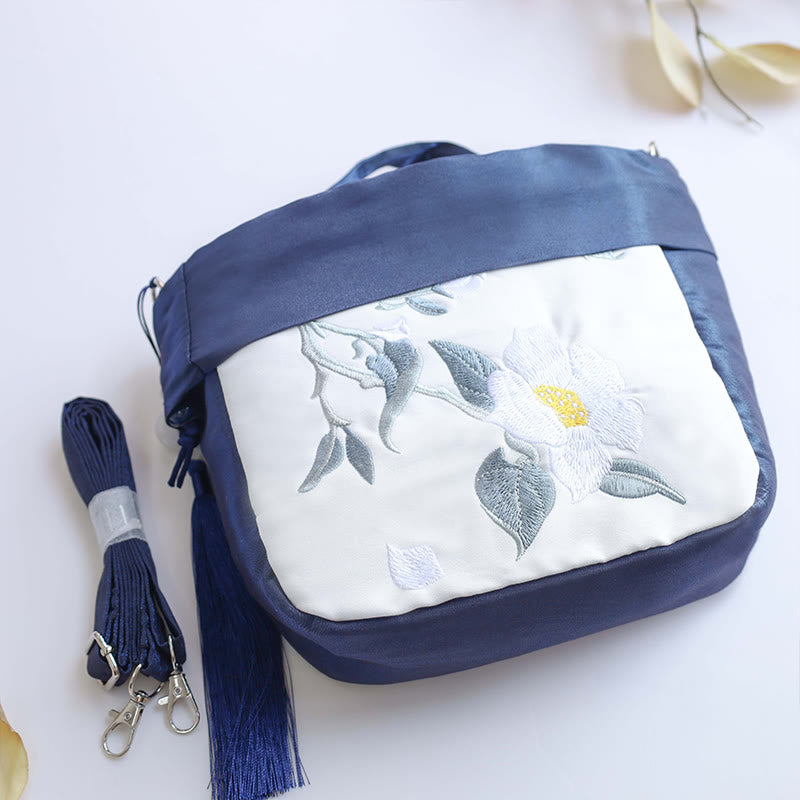 Buddha Stones Suzhou Haft Kamelia Magnolia Piwonia Lotos Jedwabna Torba Torebka Crossbody Torba na Ramię Torebka