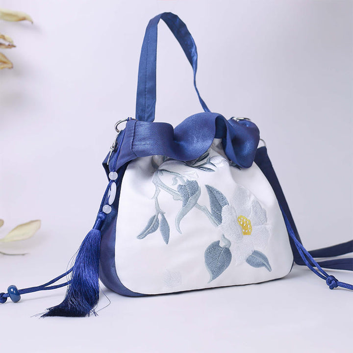 Buddha Stones Suzhou Haft Kamelia Magnolia Piwonia Lotos Jedwabna Torba Torebka Crossbody Torba na Ramię Torebka