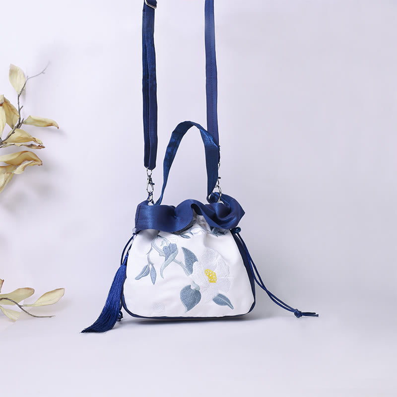 Buddha Stones Suzhou Haft Kamelia Magnolia Piwonia Lotos Jedwabna Torba Torebka Crossbody Torba na Ramię Torebka