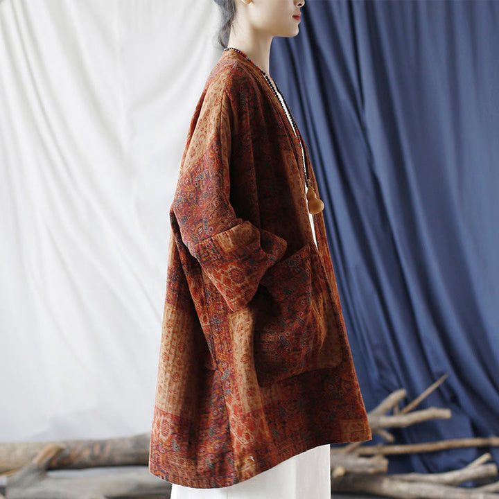 Buddha Stones Pomarańczowy Kwiat Geometryczny Nadruk Bawełna Kurtka Otwarta Z Przodu Z Kieszeniami - image 2