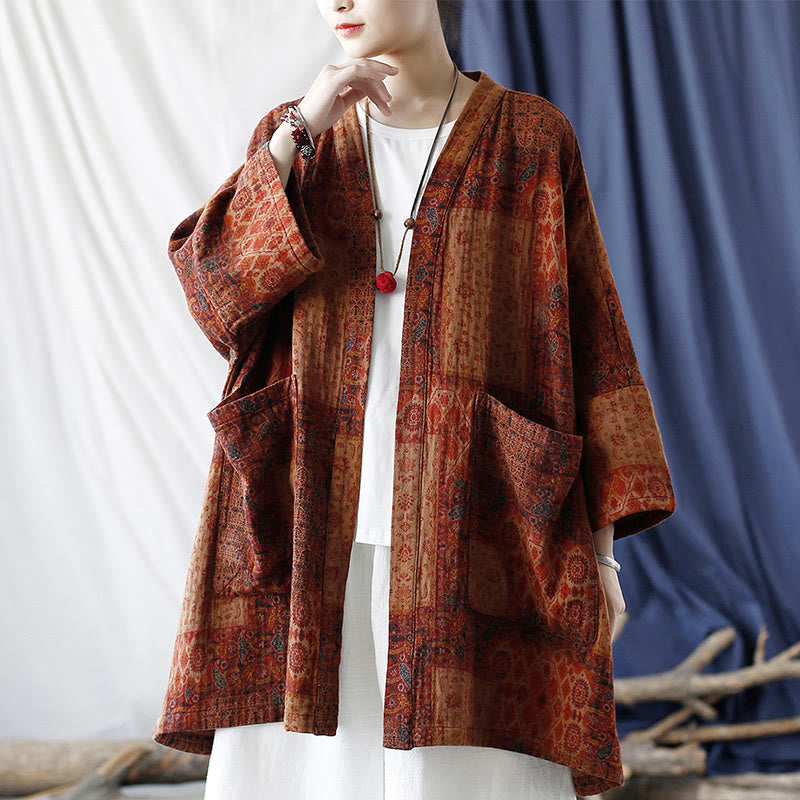 Buddha Stones Pomarańczowy Kwiat Geometryczny Nadruk Bawełna Kurtka Otwarta Z Przodu Z Kieszeniami - image 18