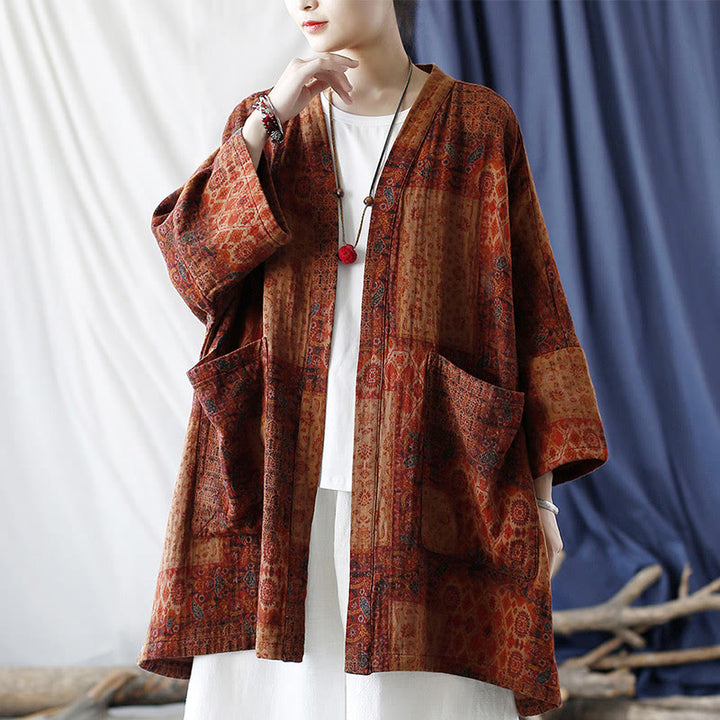 Buddha Stones Pomarańczowy Kwiat Geometryczny Nadruk Bawełna Kurtka Otwarta Z Przodu Z Kieszeniami - image 18