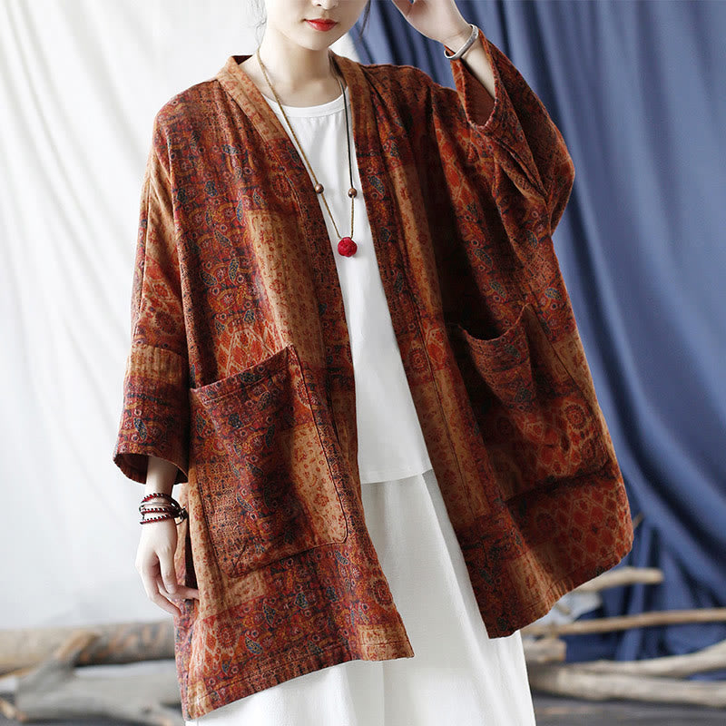 Buddha Stones Pomarańczowy Kwiat Geometryczny Nadruk Bawełna Kurtka Otwarta Z Przodu Z Kieszeniami - image 19