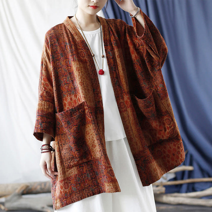 Buddha Stones Pomarańczowy Kwiat Geometryczny Nadruk Bawełna Kurtka Otwarta Z Przodu Z Kieszeniami - image 19