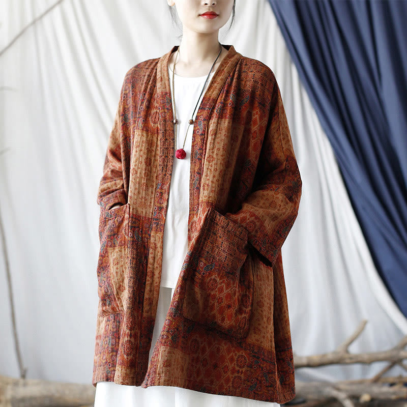 Buddha Stones Pomarańczowy Kwiat Geometryczny Nadruk Bawełna Kurtka Otwarta Z Przodu Z Kieszeniami - image 17