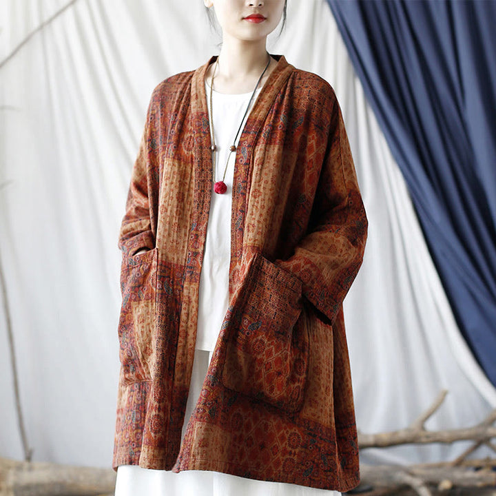 Buddha Stones Pomarańczowy Kwiat Geometryczny Nadruk Bawełna Kurtka Otwarta Z Przodu Z Kieszeniami - image 17