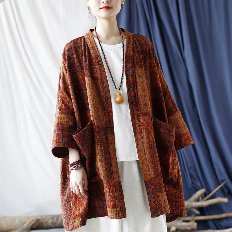 Buddha Stones Pomarańczowy Kwiat Geometryczny Nadruk Bawełna Kurtka Otwarta Z Przodu Z Kieszeniami - image 20