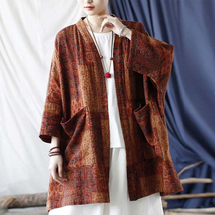 Buddha Stones Pomarańczowy Kwiat Geometryczny Nadruk Bawełna Kurtka Otwarta Z Przodu Z Kieszeniami - image 21