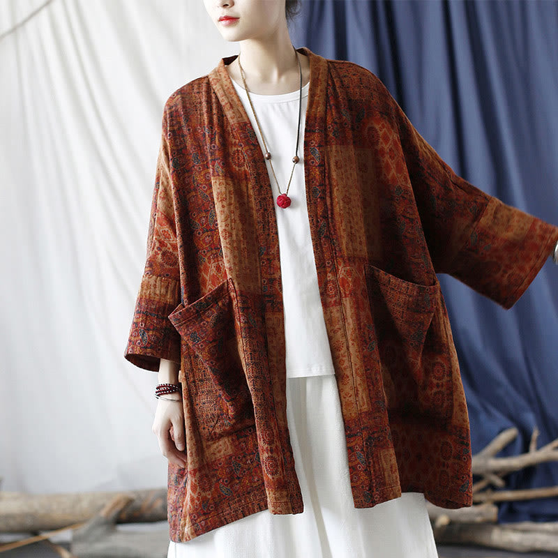 Buddha Stones Pomarańczowy Kwiat Geometryczny Nadruk Bawełna Kurtka Otwarta Z Przodu Z Kieszeniami - image 22