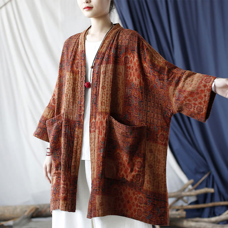 Buddha Stones Pomarańczowy Kwiat Geometryczny Nadruk Bawełna Kurtka Otwarta Z Przodu Z Kieszeniami - image 4