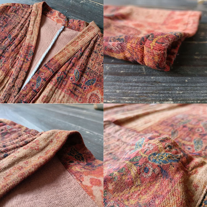 Buddha Stones Pomarańczowy Kwiat Geometryczny Nadruk Bawełna Kurtka Otwarta Z Przodu Z Kieszeniami - image 7