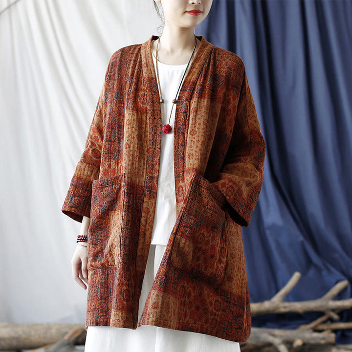 Buddha Stones Pomarańczowy Kwiat Geometryczny Nadruk Bawełna Kurtka Otwarta Z Przodu Z Kieszeniami - US4-14, UK/AU8-18, EU36-46 (F)– tylko kurtka - image 0