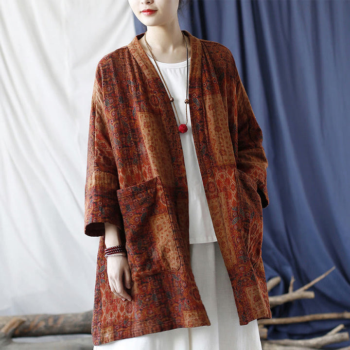 Buddha Stones Pomarańczowy Kwiat Geometryczny Nadruk Bawełna Kurtka Otwarta Z Przodu Z Kieszeniami - image 25