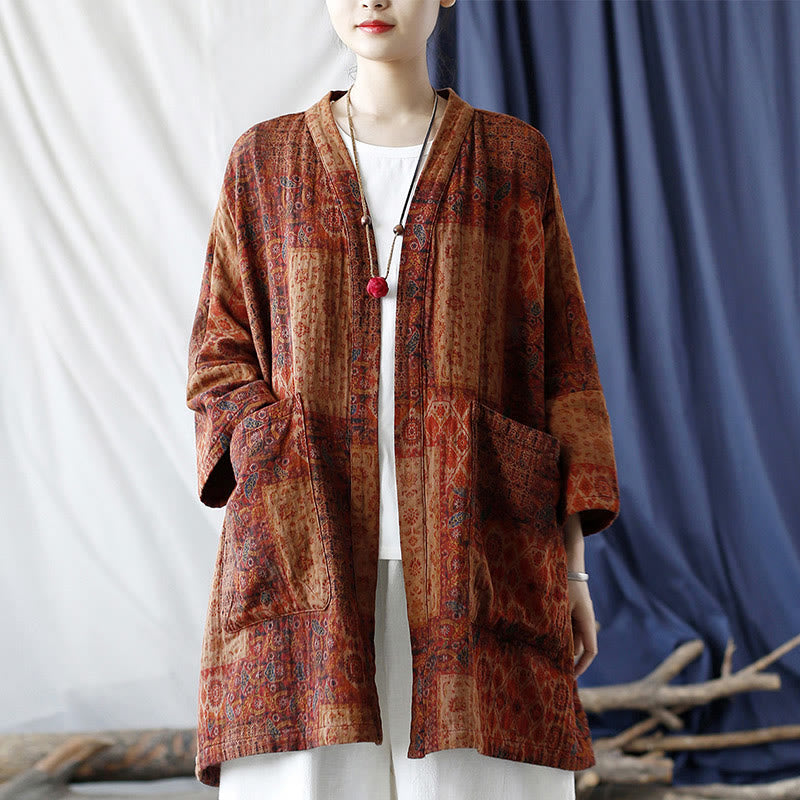 Buddha Stones Pomarańczowy Kwiat Geometryczny Nadruk Bawełna Kurtka Otwarta Z Przodu Z Kieszeniami - image 23