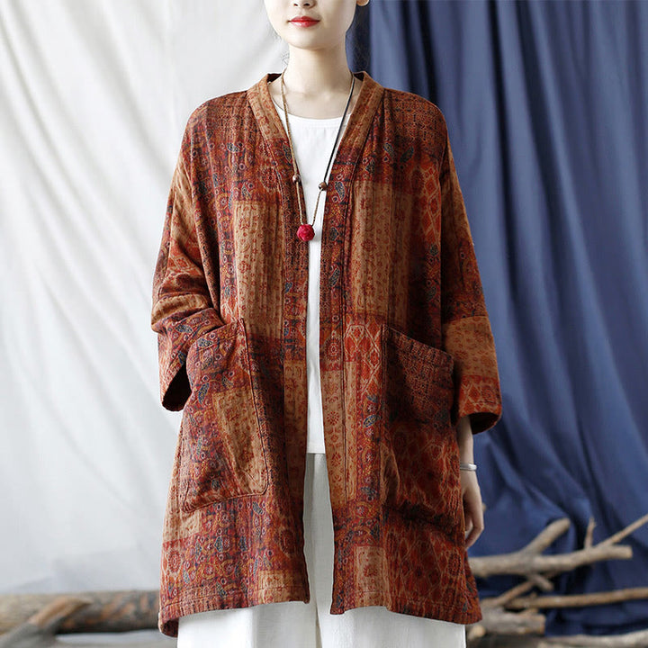 Buddha Stones Pomarańczowy Kwiat Geometryczny Nadruk Bawełna Kurtka Otwarta Z Przodu Z Kieszeniami - image 23