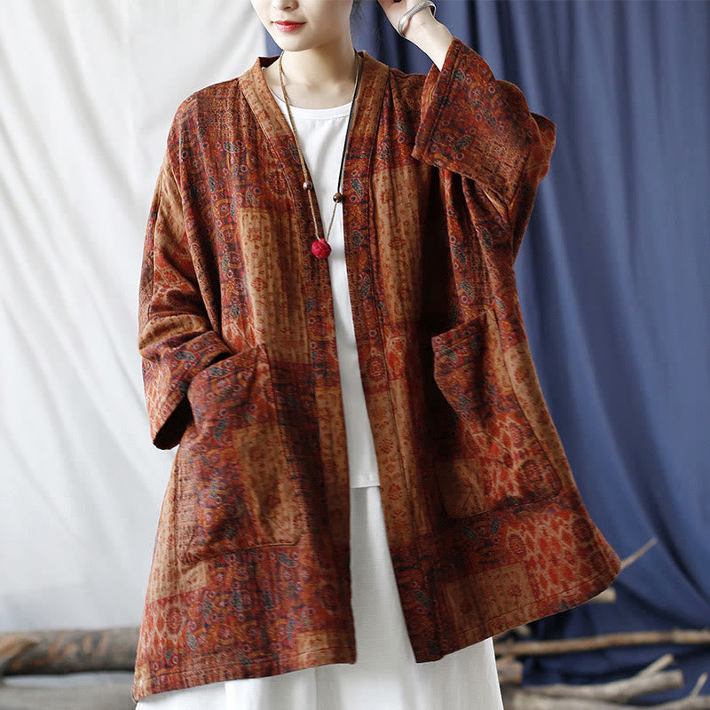 Buddha Stones Pomarańczowy Kwiat Geometryczny Nadruk Bawełna Kurtka Otwarta Z Przodu Z Kieszeniami - image 26