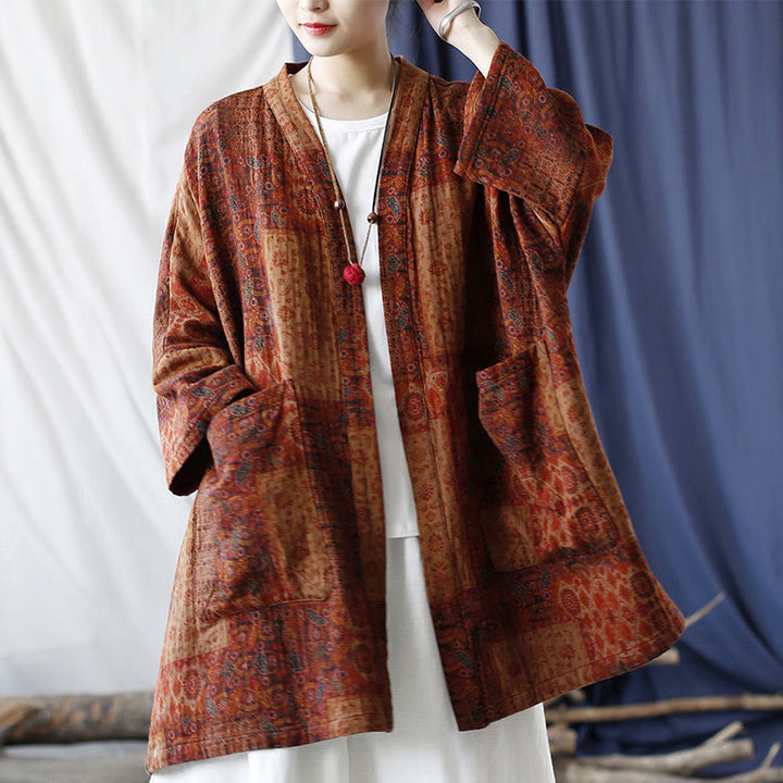 Buddha Stones Pomarańczowy Kwiat Geometryczny Nadruk Bawełna Kurtka Otwarta Z Przodu Z Kieszeniami - image 26