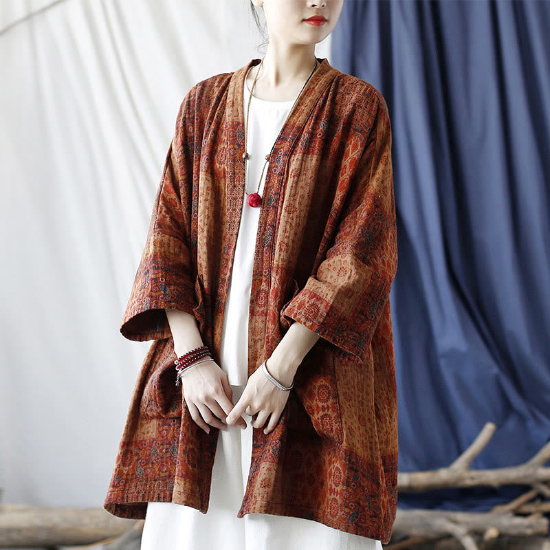 Buddha Stones Pomarańczowy Kwiat Geometryczny Nadruk Bawełna Kurtka Otwarta Z Przodu Z Kieszeniami - image 24