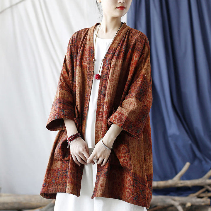 Buddha Stones Pomarańczowy Kwiat Geometryczny Nadruk Bawełna Kurtka Otwarta Z Przodu Z Kieszeniami - image 24